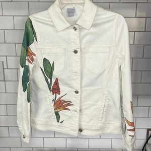 Chico’s Tropical Embellished Denim Jacket Sz 4/6 White Denim